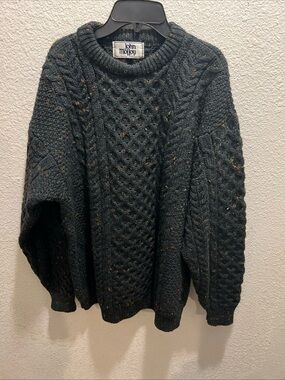 John Molloy Dark Green Speckled Cable-Knit Crewneck Sweater